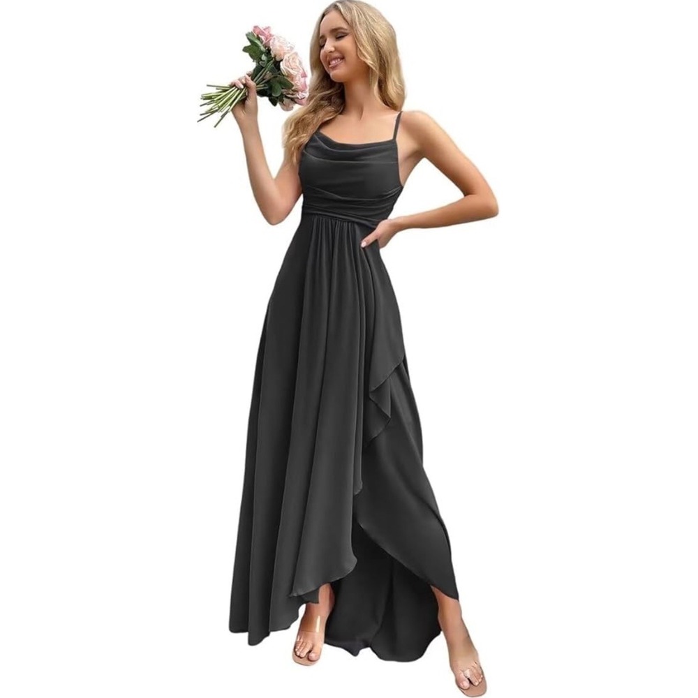 Stacees Charcoal Gray Cowl Neck Spaghetti Strap Formal Maxi Dress Gown Womens